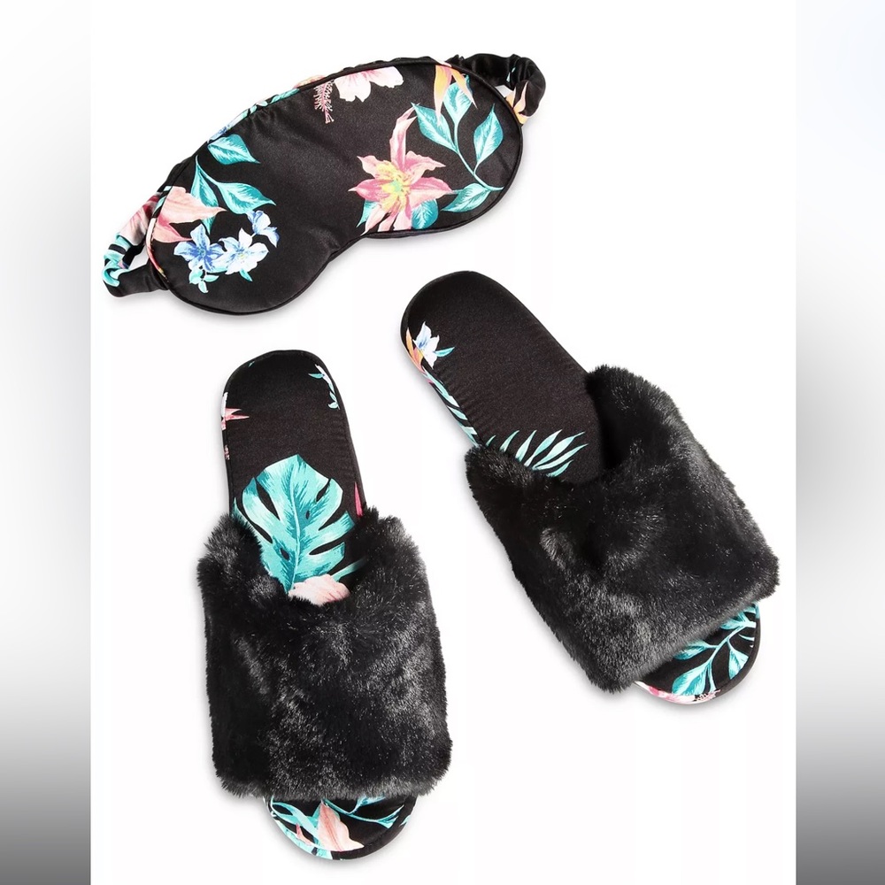 NWT INC Faux Fur slippers and matching sleep eye mask.